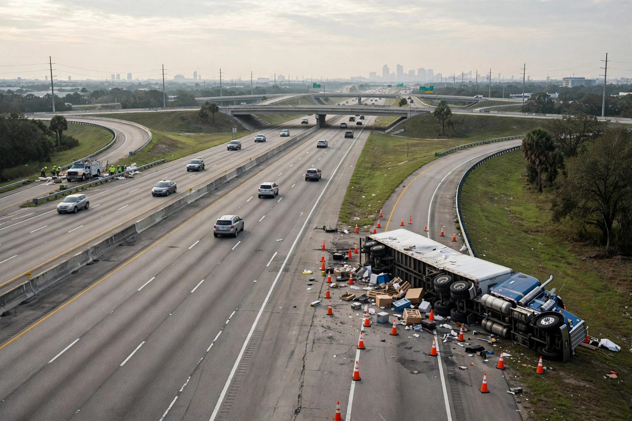 Houston, Texas: 18 पहियों वाला ट्रक पलटने और खतरनाक पदार्थ रिसाव से I-69 के पास I-10 के पश्चिम की ओर जाने वाले लेन बंद