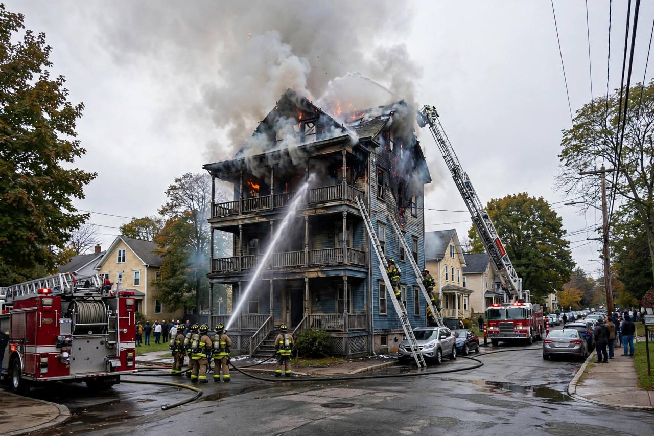 Malden, Massachusetts: Porter Street को तीनतले घरमा आगो, एक अग्निनियन्त्रक अस्पतालमा