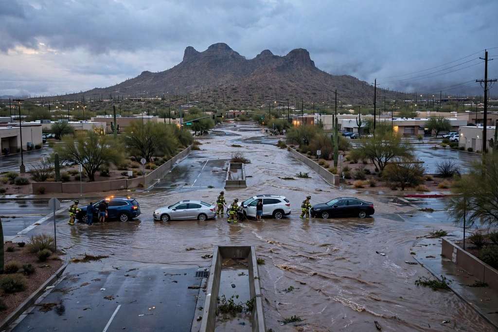 Phoenix, Arizona: Six People Rescued From Four Vehicles Trapped in Flooded Wash at 40th Street and Camelback Road